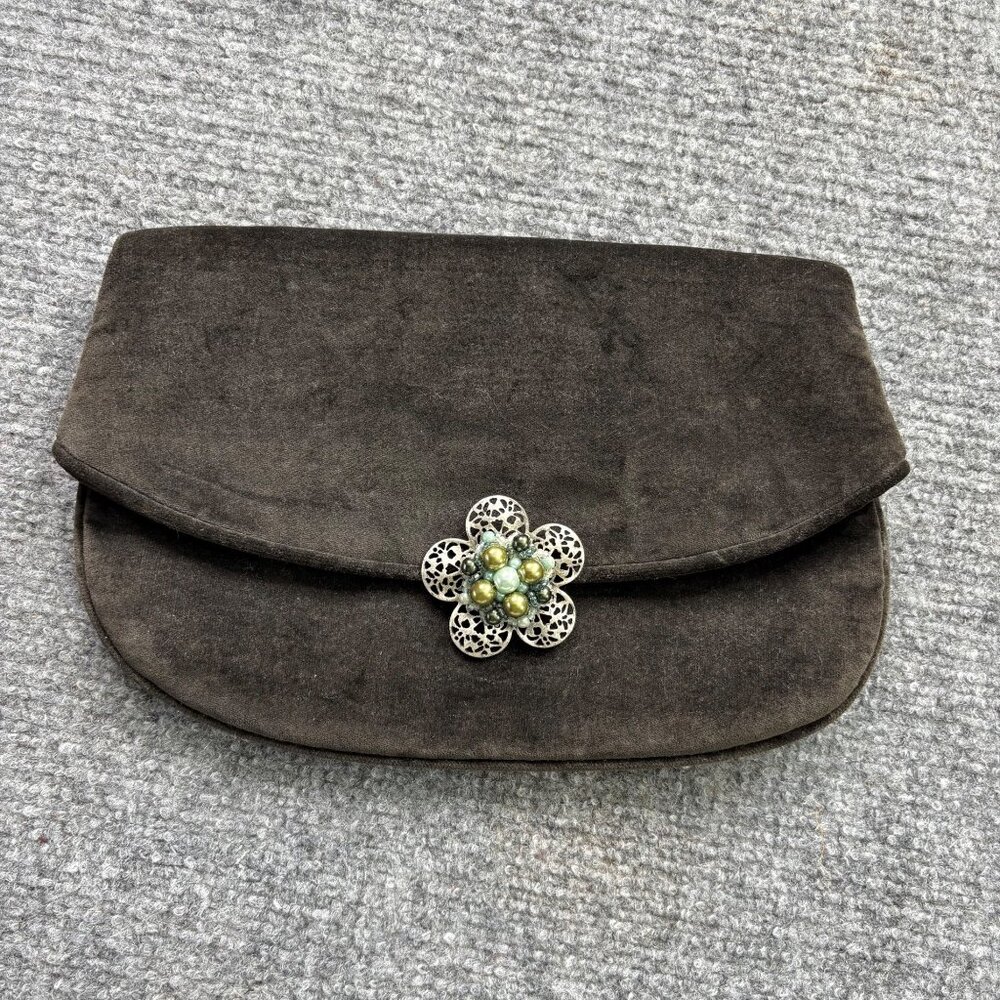 Vintage Jeannie‎ Bouchever Velvet Clutch Brown Evening Bag Floral Brooch Closure